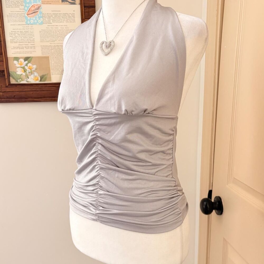 Y2K Metallic Silver Ruched Halter Top - Picture 3 of 7